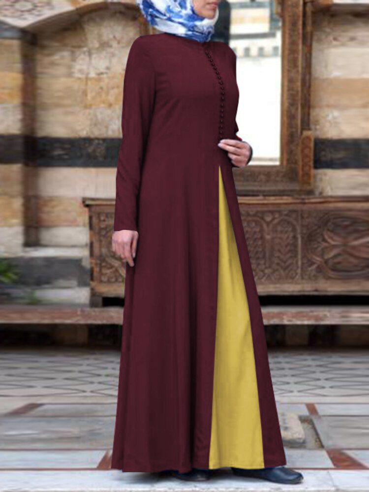 Dame Kontrast Fargesøm Bohemian Button Langermet Muslim Maxi Dress Abaya Kaftan