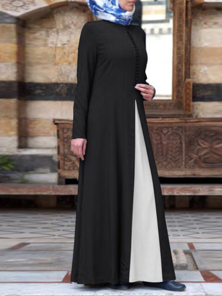 Dame Kontrast Fargesøm Bohemian Button Langermet Muslim Maxi Dress Abaya Kaftan