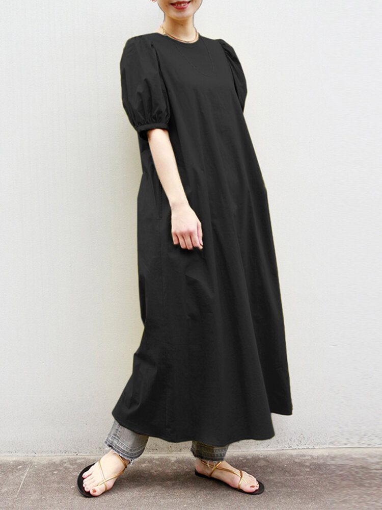 Dame Puff Sleeve Holiday Solid Maxi Dress