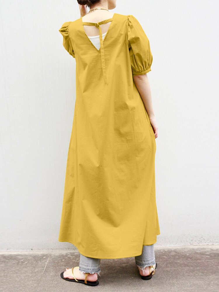 Dame Puff Sleeve Holiday Solid Maxi Dress