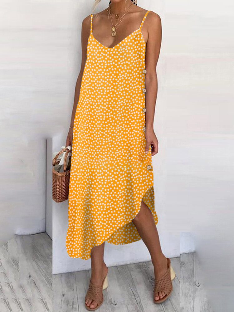 Dame Sunflower Print Button Detail Holiday Casual Diagonal Hem Sling Dress