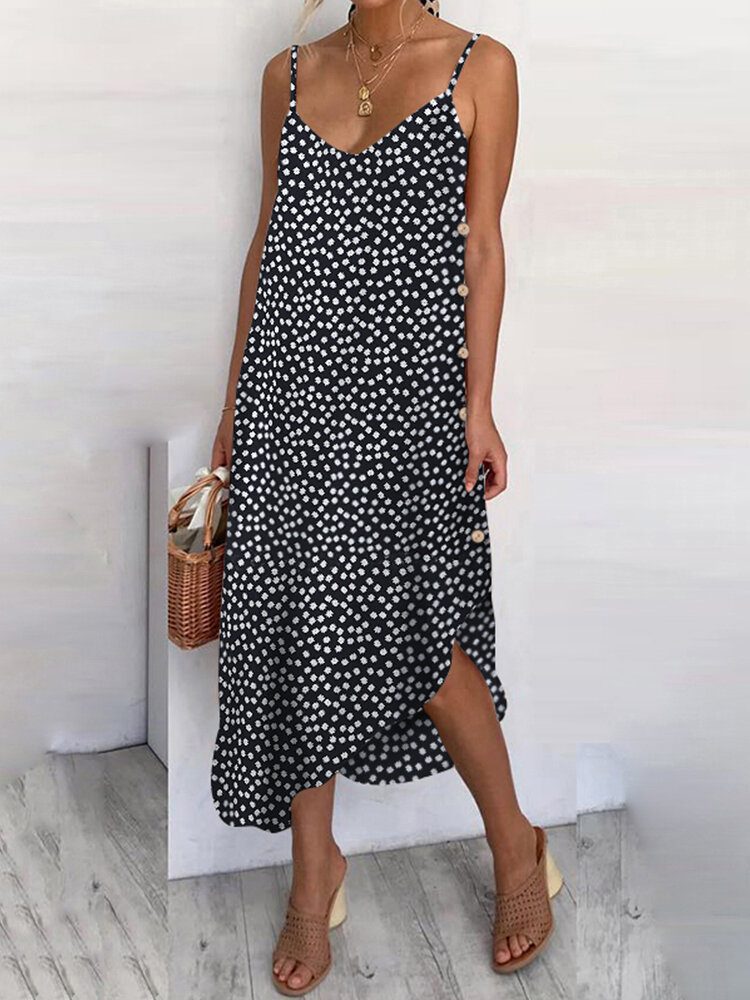 Dame Sunflower Print Button Detail Holiday Casual Diagonal Hem Sling Dress