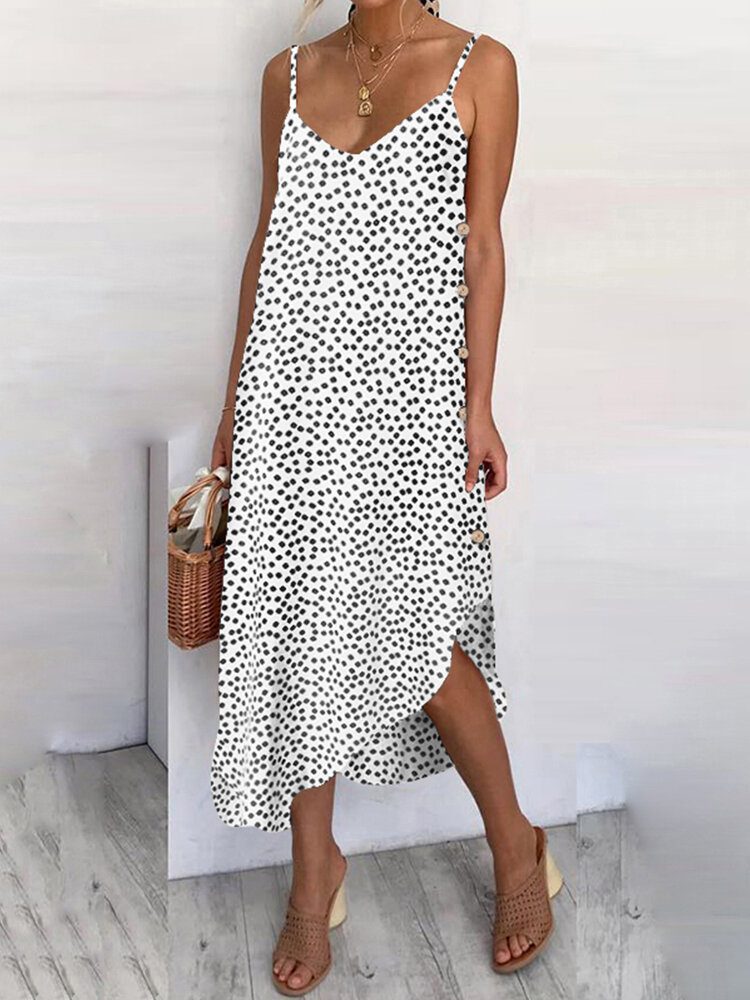 Dame Sunflower Print Button Detail Holiday Casual Diagonal Hem Sling Dress