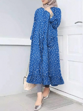 Ditsy Floral Button Ruffle Langermet Maxi Dress