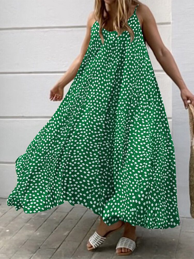 Ditsy Floral Print Justerbar Stropp Løs Swing Maxi Kjole