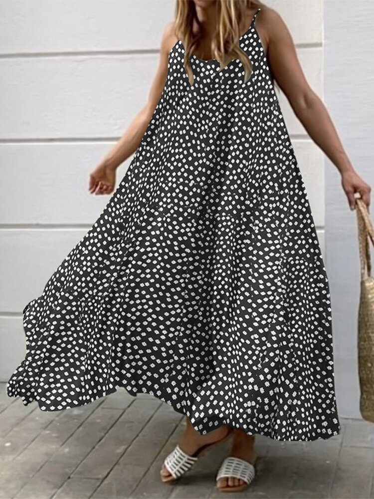 Ditsy Floral Print Justerbar Stropp Løs Swing Maxi Kjole