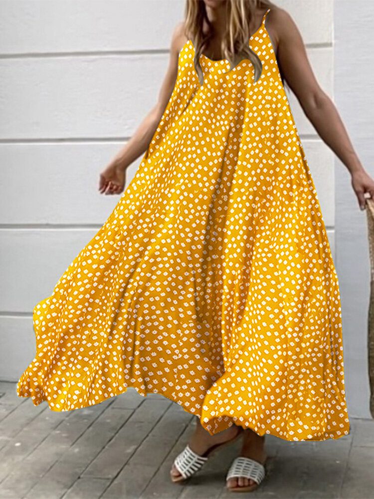 Ditsy Floral Print Justerbar Stropp Løs Swing Maxi Kjole