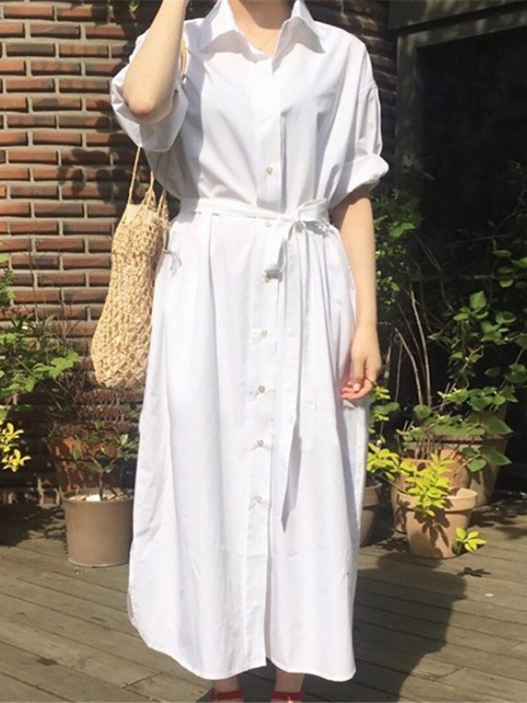 Ensfarget Langermet Lapel Knotted Maxi Shirt Dress