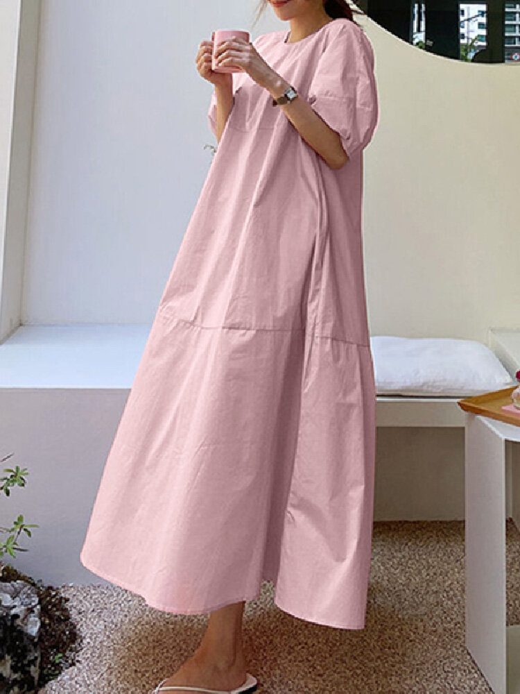 Ensfarget O-hals Pufferme Vanlig Uformell Sidelomme Holiday Maxi Dress