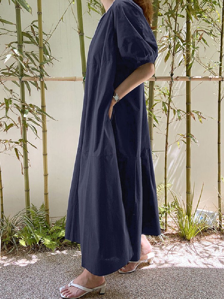 Ensfarget O-hals Pufferme Vanlig Uformell Sidelomme Holiday Maxi Dress