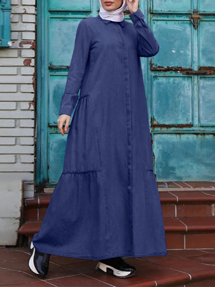 Ensfarget Retro Button Up Lapel Langermet Casual Muslim Dress Abaya Kaftan For Women