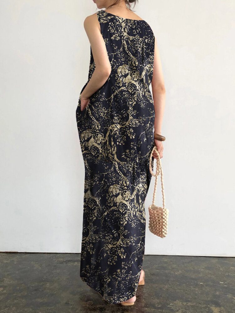 Ermeløs Rundhals Lommeprint Floral Maxi Dress