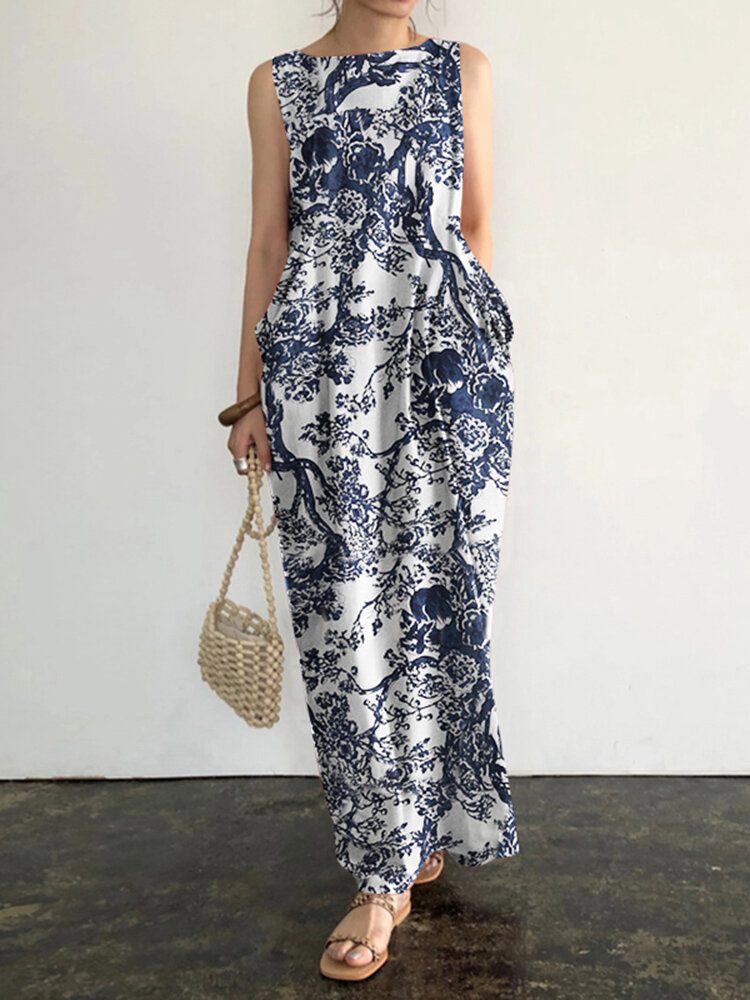 Ermeløs Rundhals Lommeprint Floral Maxi Dress