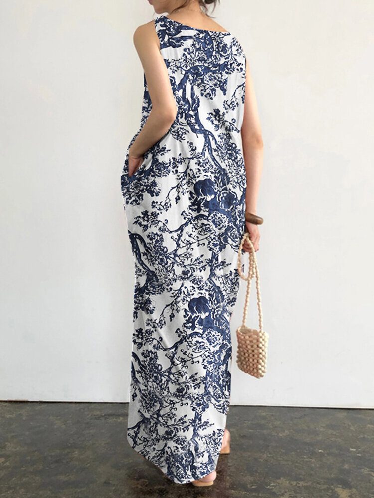 Ermeløs Rundhals Lommeprint Floral Maxi Dress