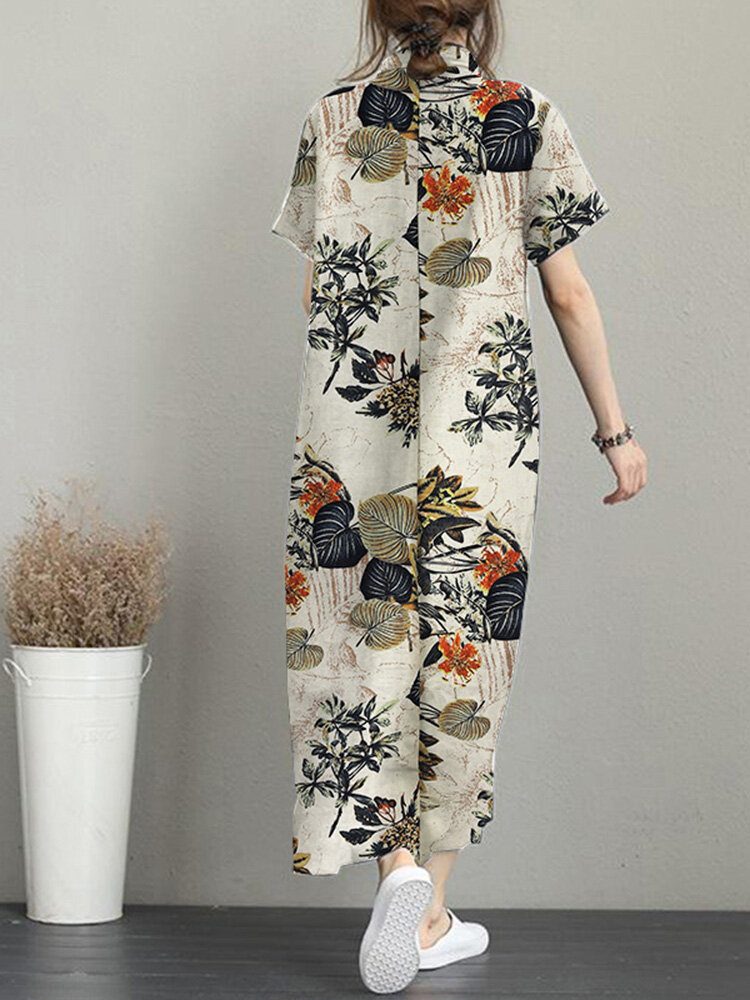 Flower Print Knotted Pocket Button Short Sleeve Lapel Dress