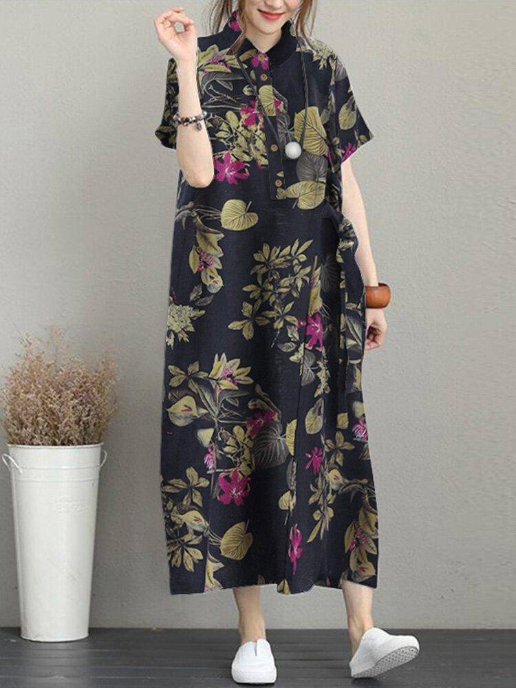 Flower Print Knotted Pocket Button Short Sleeve Lapel Dress