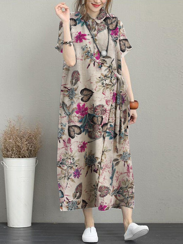 Flower Print Knotted Pocket Button Short Sleeve Lapel Dress