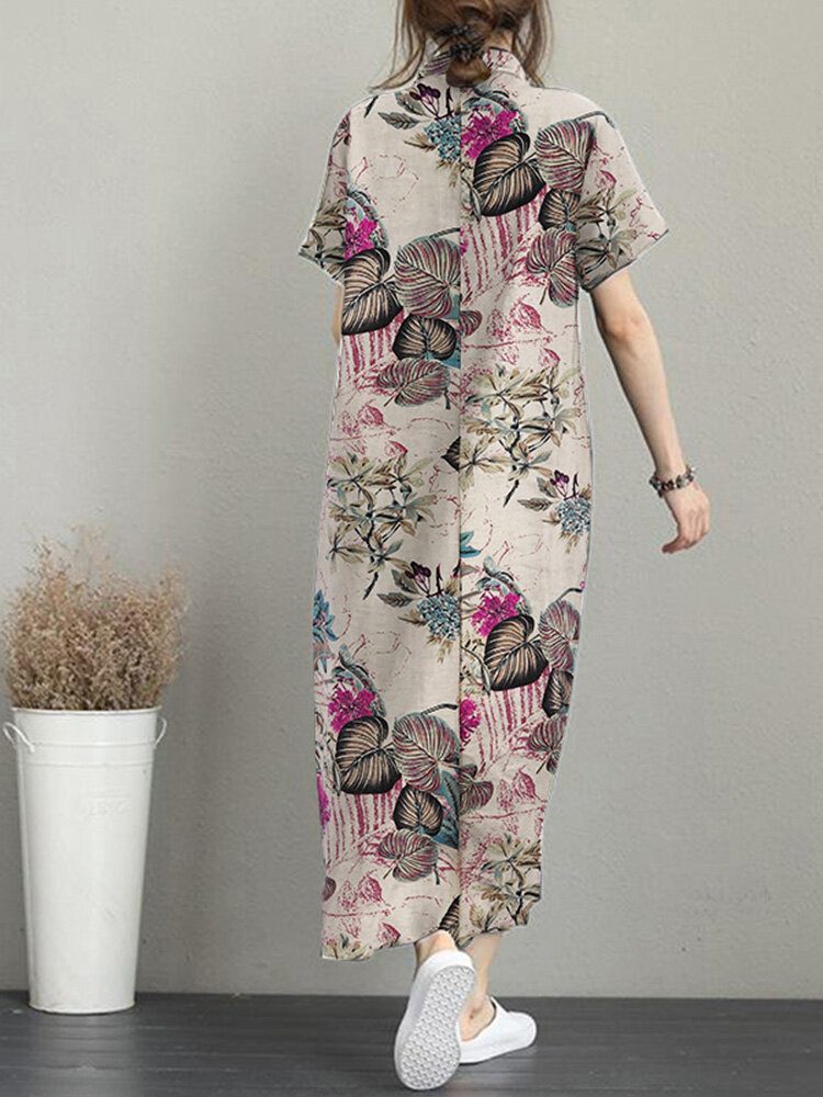 Flower Print Knotted Pocket Button Short Sleeve Lapel Dress