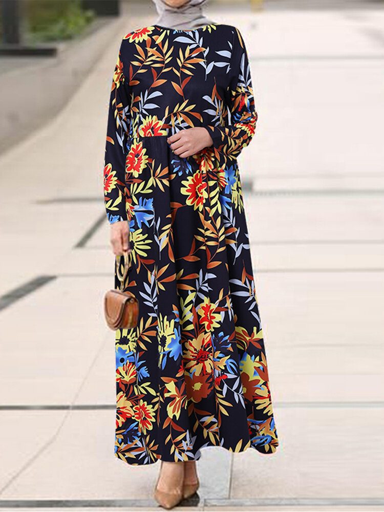 Kvinner All Over Floral Print Rundhals Langermet Kaftan Maxi Kjoler