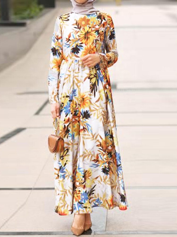 Kvinner All Over Floral Print Rundhals Langermet Kaftan Maxi Kjoler