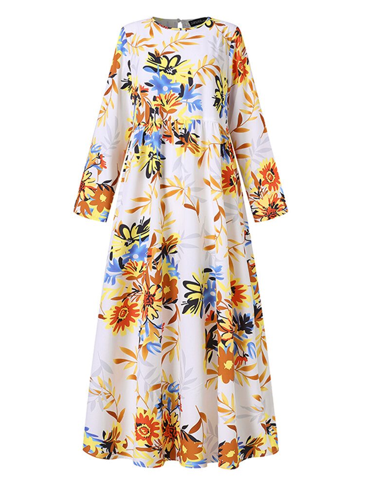 Kvinner All Over Floral Print Rundhals Langermet Kaftan Maxi Kjoler