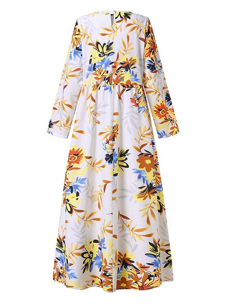 Kvinner All Over Floral Print Rundhals Langermet Kaftan Maxi Kjoler