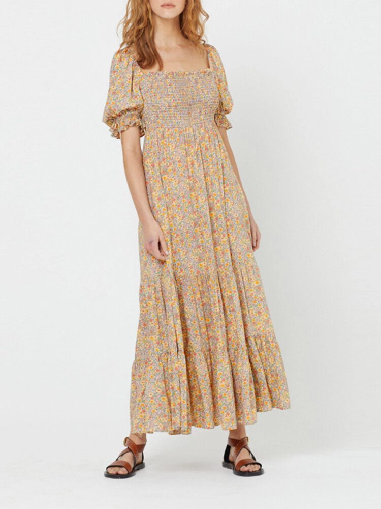 Kvinner Blomstertrykk Puff Sleeve Square Neck Holiday Maxi Dress