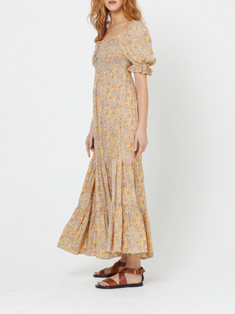 Kvinner Blomstertrykk Puff Sleeve Square Neck Holiday Maxi Dress