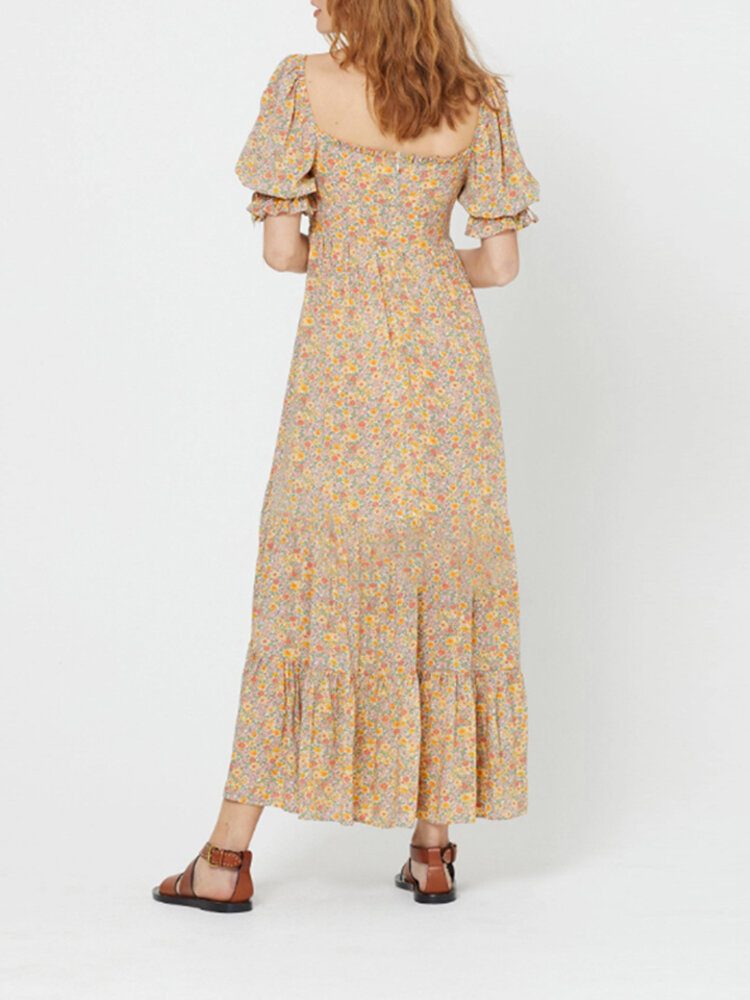 Kvinner Blomstertrykk Puff Sleeve Square Neck Holiday Maxi Dress