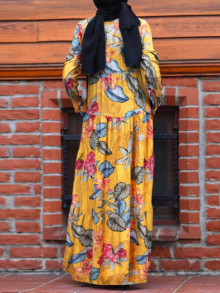 Kvinner Casual Robe Kaftan Floral Løs Langermet Outing Dress Med Sidelommer