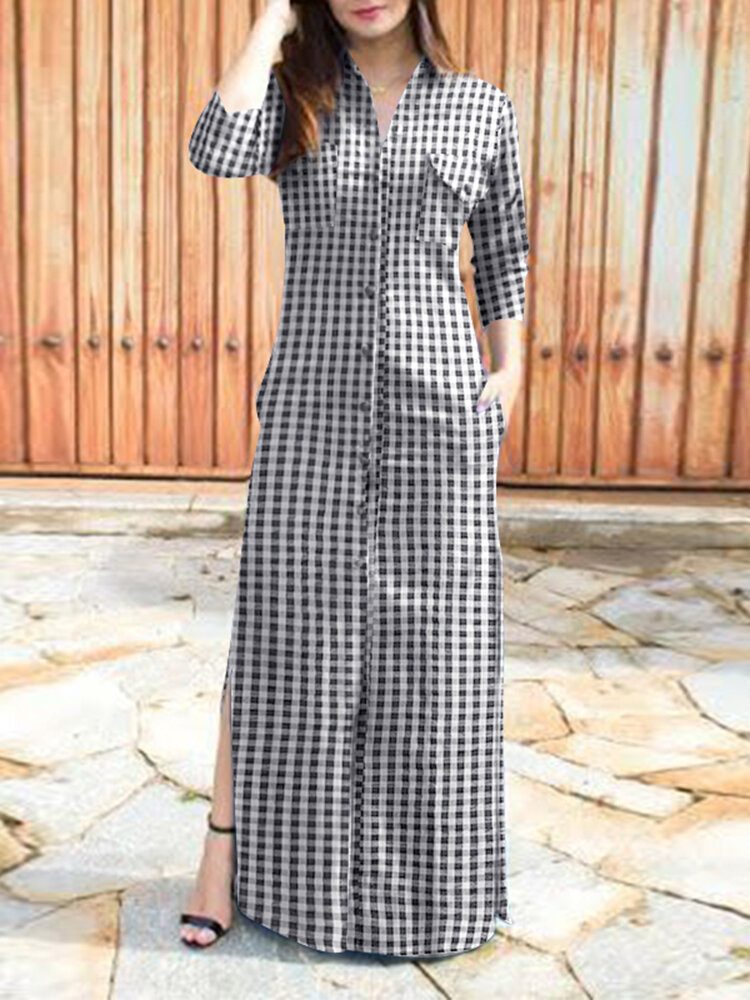 Kvinner Casual Ruttegaffel Lomme Langermet Fritid Daglig Maxi Dress