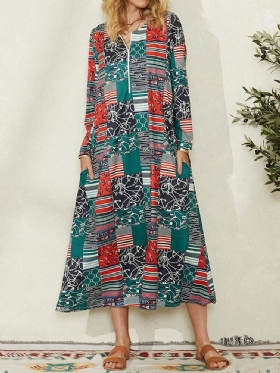 Kvinner Colorblock Geometrisk Print Sidelomme Vintage Maxi Dress