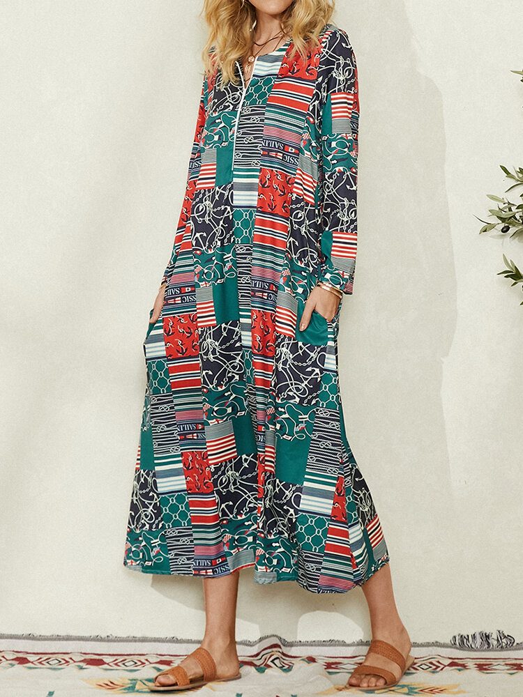 Kvinner Colorblock Geometrisk Print Sidelomme Vintage Maxi Dress