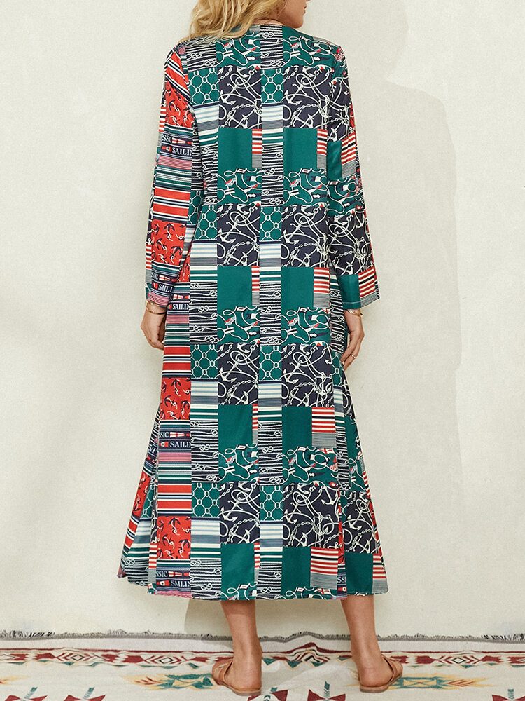 Kvinner Colorblock Geometrisk Print Sidelomme Vintage Maxi Dress