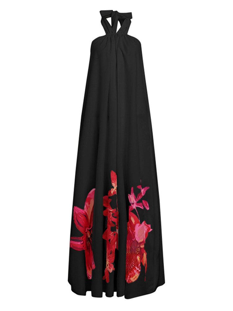 Kvinner Holiday Floral Print Hengende Hals Løs Stilig Halter Maxi Dress