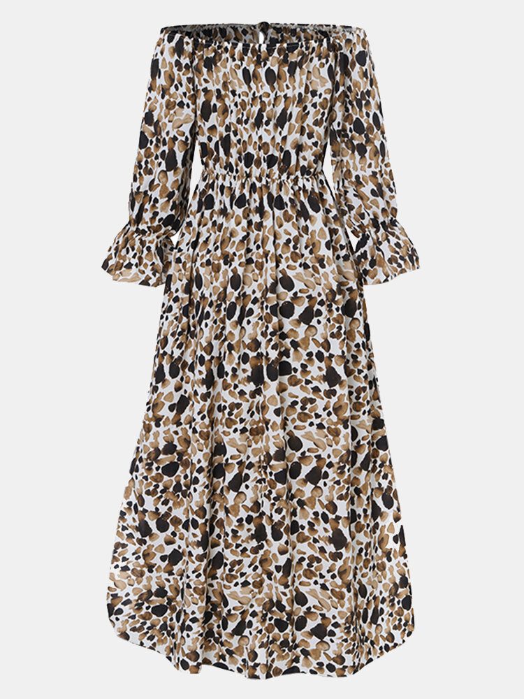 Kvinner Leopard Off Shoulder Lår Splitt Uformelt Langermet Maxikjoler