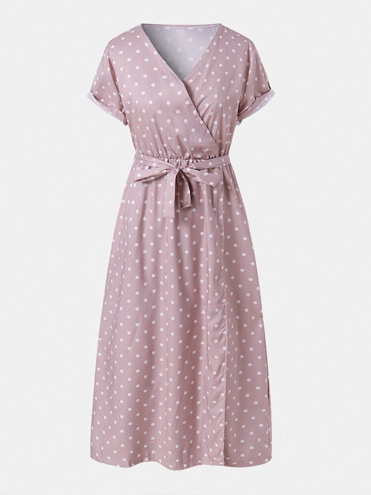 Kvinner Søte Polka Dot V-hals Wrap Casual Kortermet Belted Maxi Kjoler