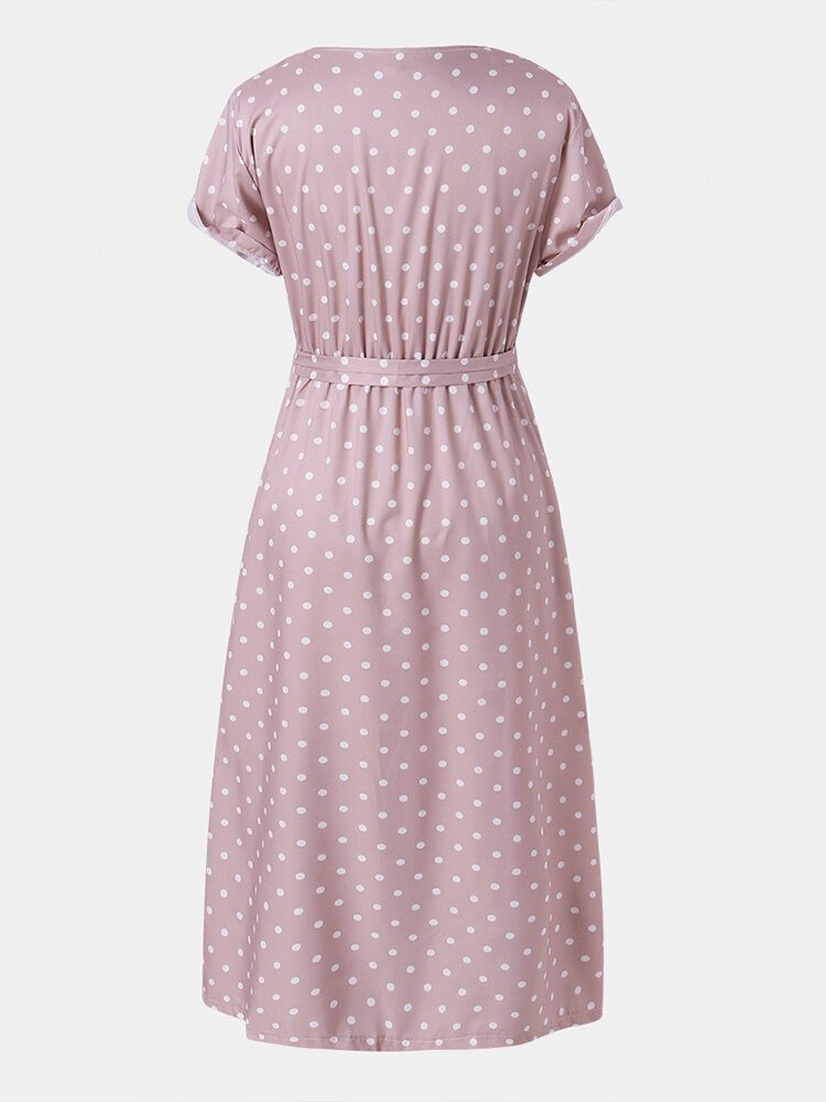 Kvinner Søte Polka Dot V-hals Wrap Casual Kortermet Belted Maxi Kjoler