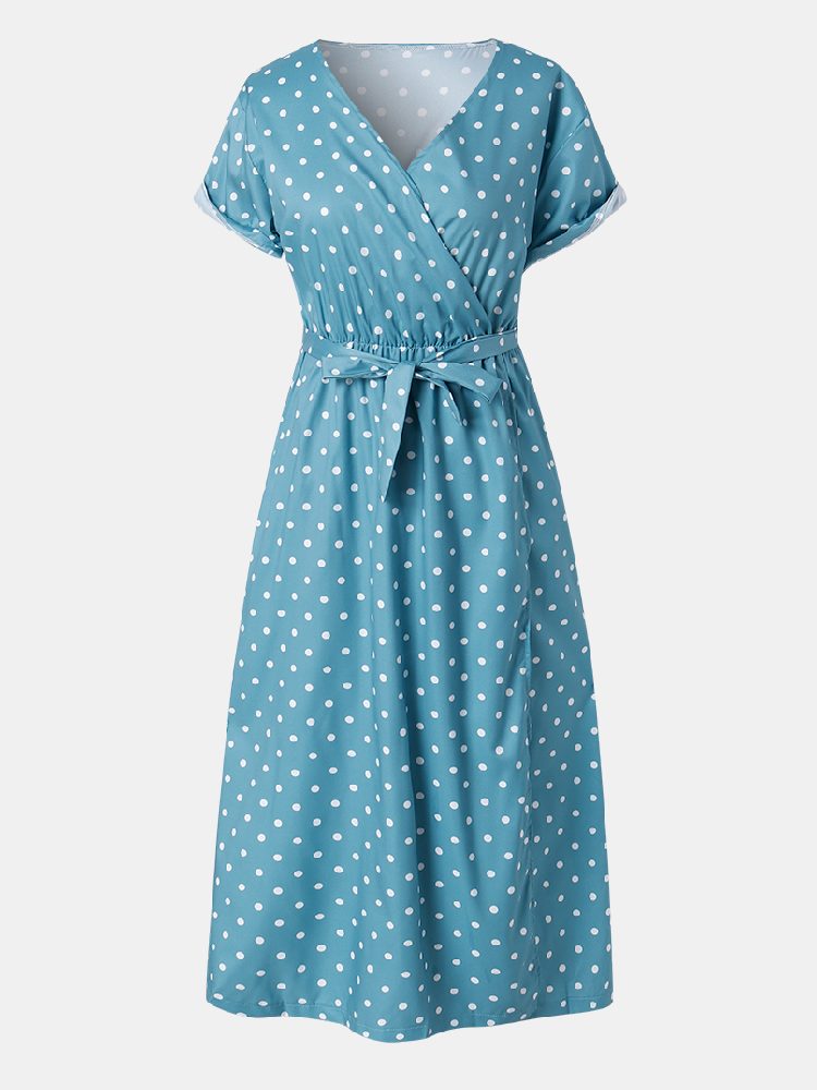 Kvinner Søte Polka Dot V-hals Wrap Casual Kortermet Belted Maxi Kjoler