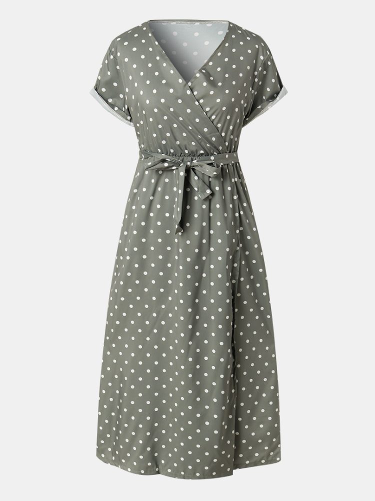 Kvinner Søte Polka Dot V-hals Wrap Casual Kortermet Belted Maxi Kjoler