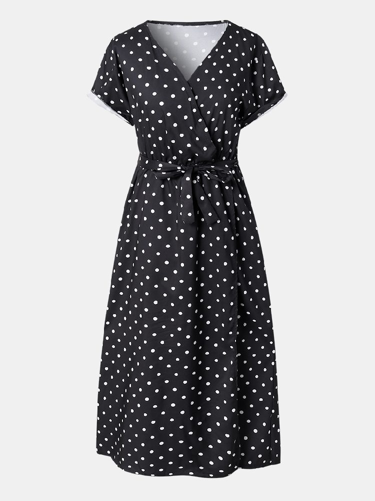 Kvinner Søte Polka Dot V-hals Wrap Casual Kortermet Belted Maxi Kjoler