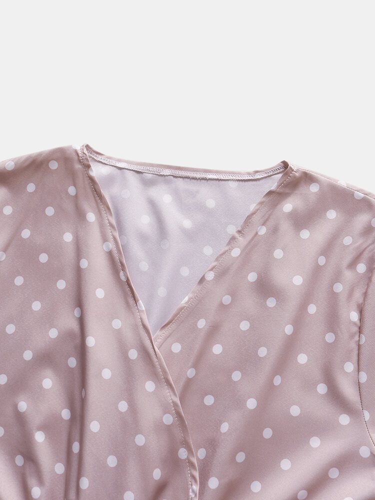 Kvinner Søte Polka Dot V-hals Wrap Casual Kortermet Belted Maxi Kjoler