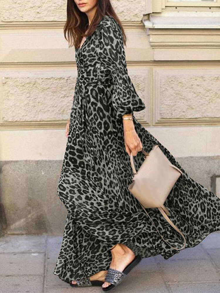 Leopardprint V-hals Puff Sleeve Maxikjole Med Snøring For Kvinner