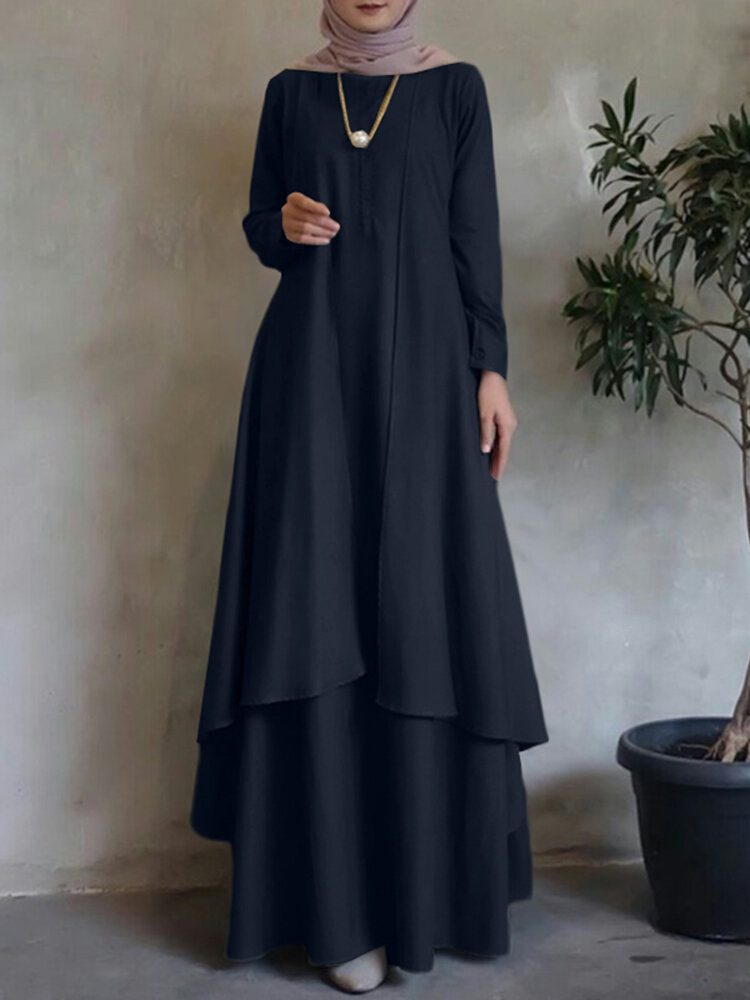 O-hals Solid Abaya Kaftan Dobbeltlags Design Bohemian Dress For Dame