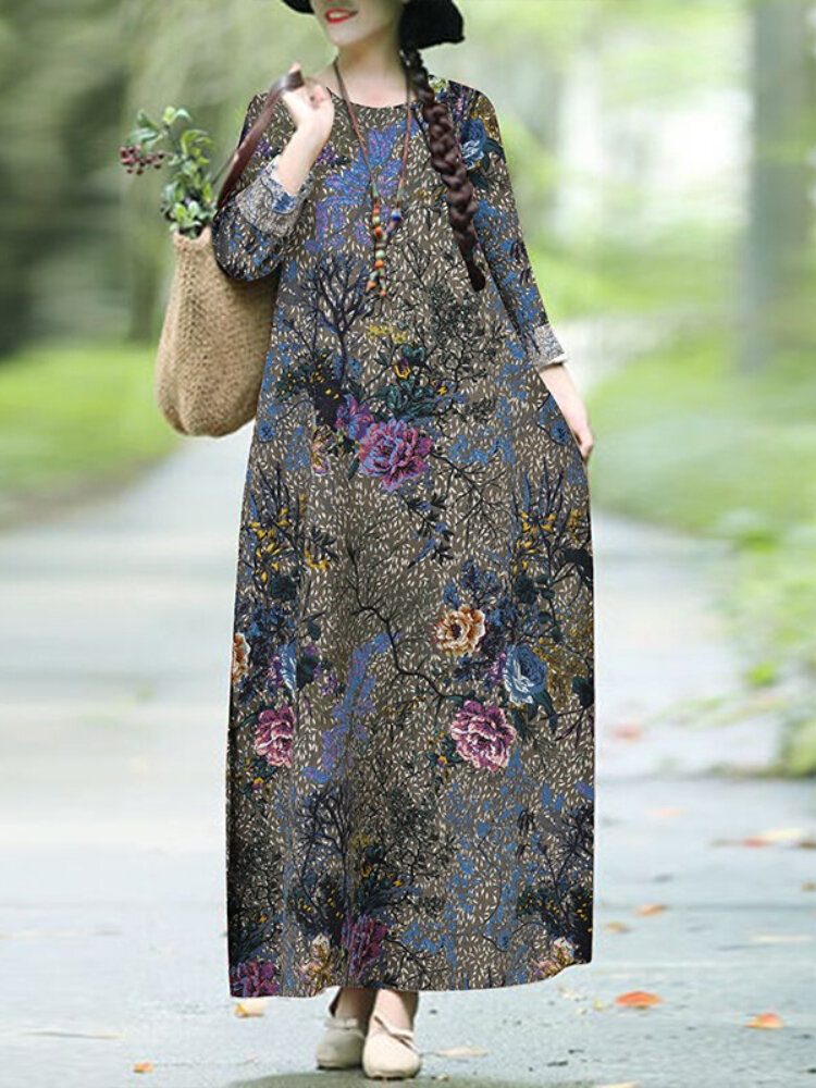 Plant Flower Print Rund Hals Langermet Casual Maxi Dress