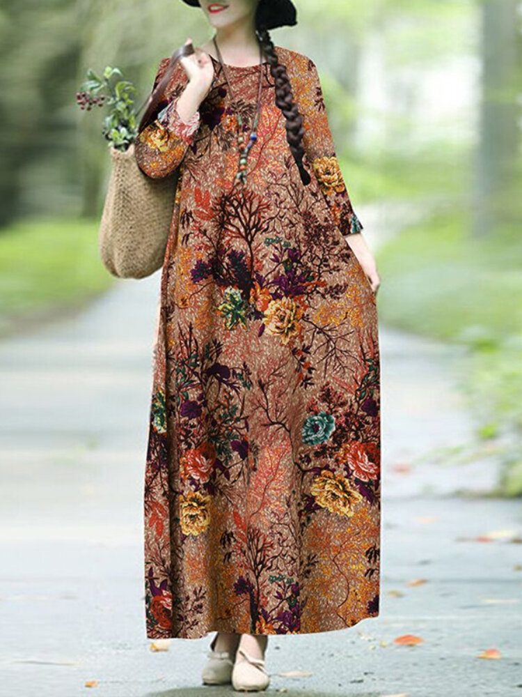 Plant Flower Print Rund Hals Langermet Casual Maxi Dress