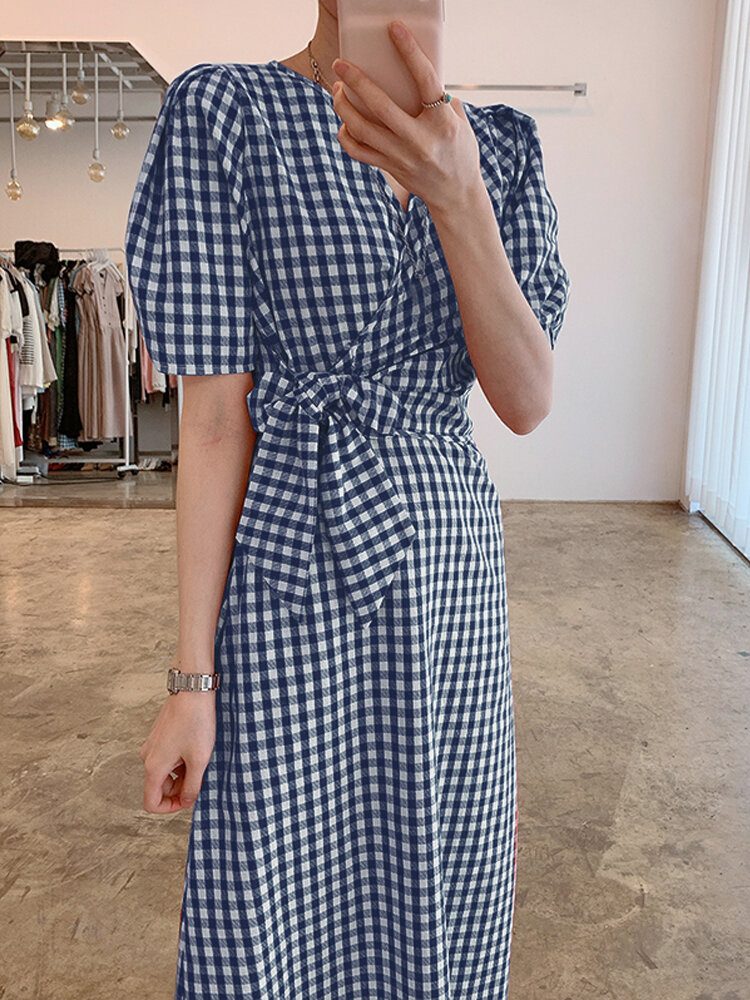 Puff Sleeve 100% Cotton Loose Fit V-hals Plaid Splicing Maxi Dress