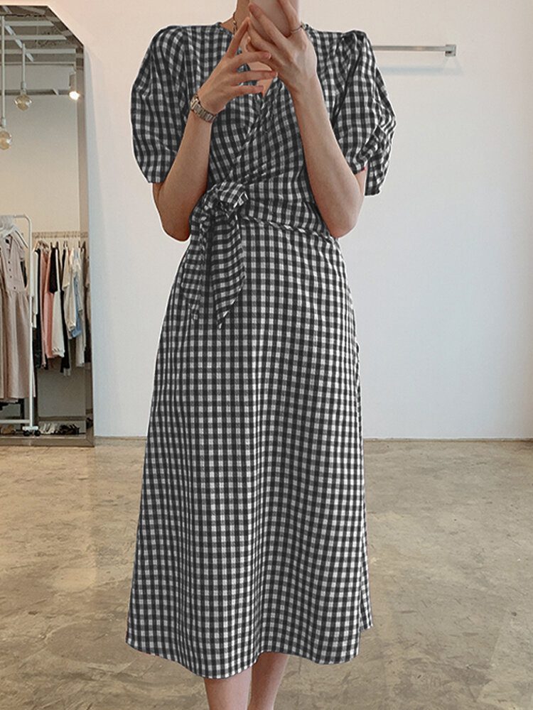 Puff Sleeve 100% Cotton Loose Fit V-hals Plaid Splicing Maxi Dress