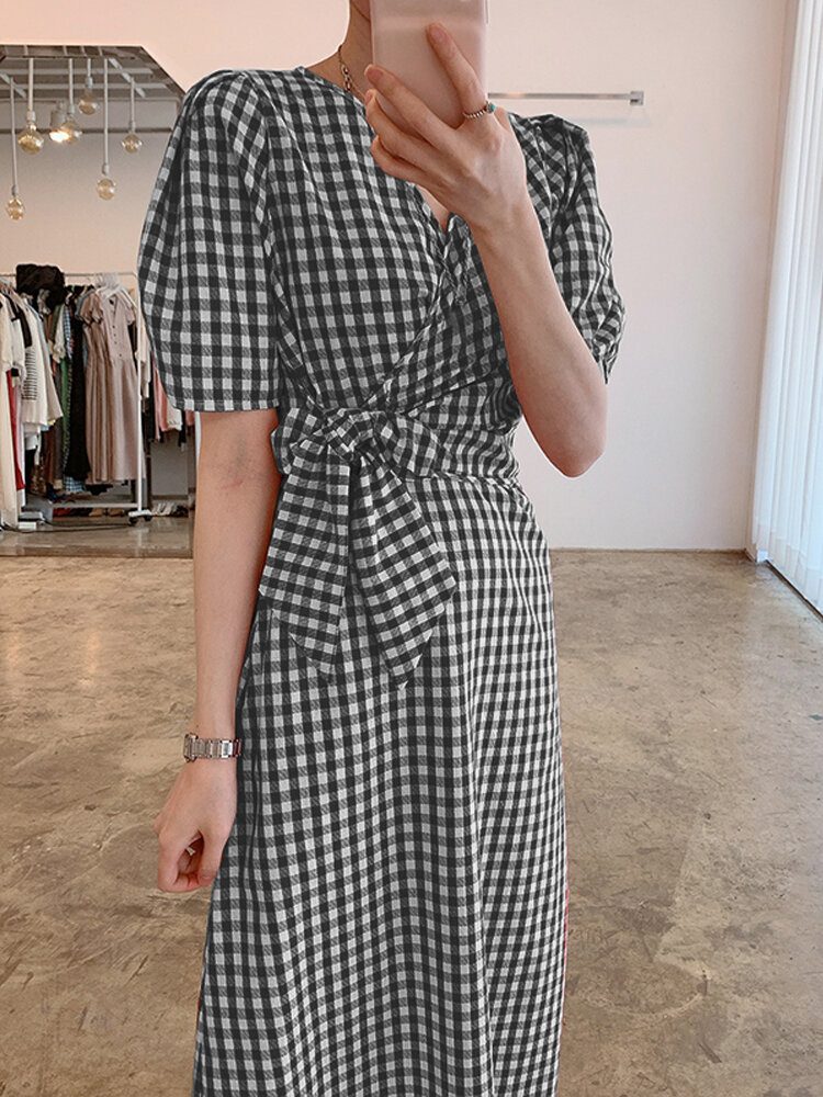 Puff Sleeve 100% Cotton Loose Fit V-hals Plaid Splicing Maxi Dress