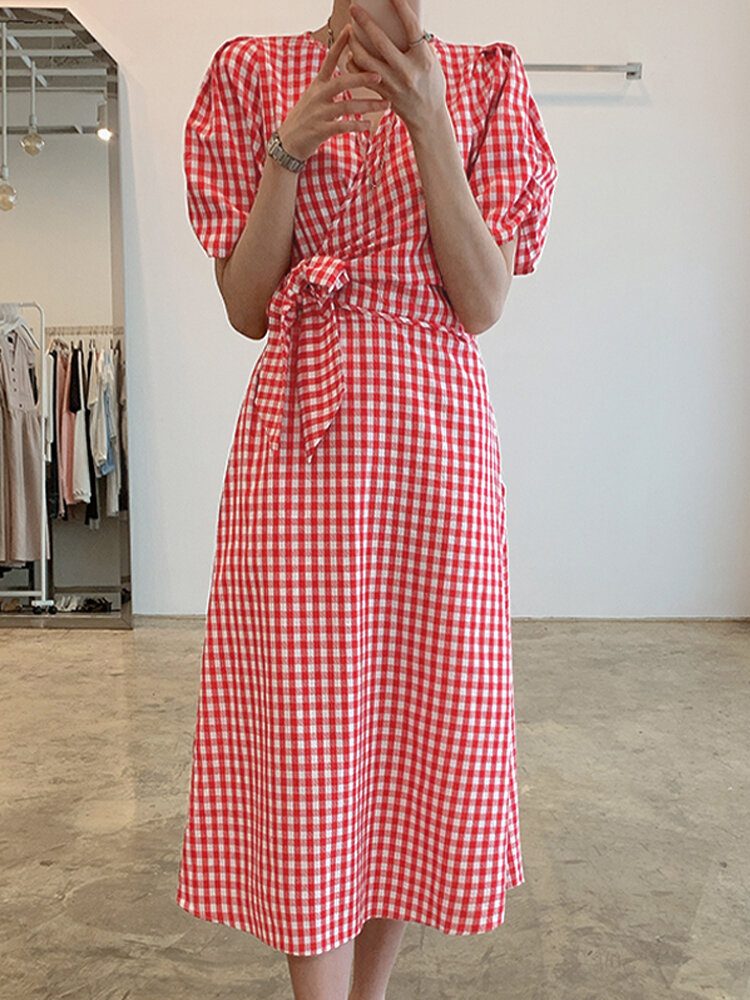 Puff Sleeve 100% Cotton Loose Fit V-hals Plaid Splicing Maxi Dress